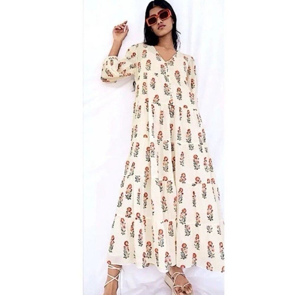 ZARA Size Small Oyster & Pink Floral Block Printed Tiered Maxi Boho Lined Dress